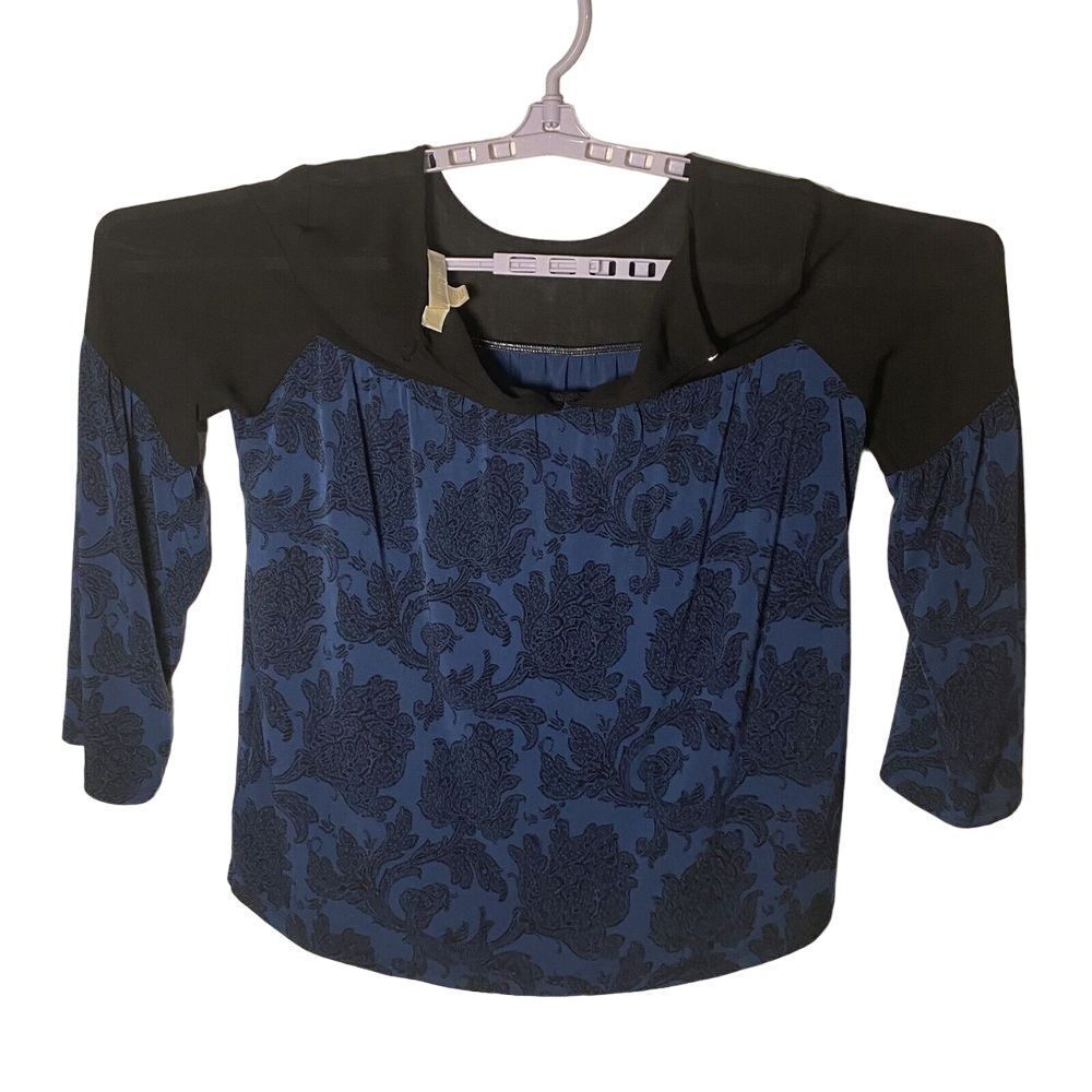 Michael Kors Top Womens Medium Blue Black‎ Floral Pleated Henley Neck Pullover